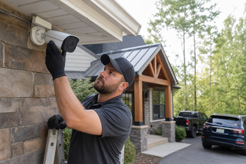 Installer reviewing a 4K security camera above a Kingston driveway and home entrance