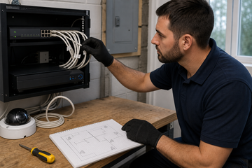 Technician labeling Ethernet cables beside a PoE switch and NVR in a utility room
