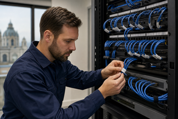 Technician labeling network cables beside a patch panel in a Kingston commercial building