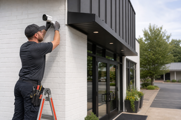 Technician mounting an outdoor security camera on a Kingston commercial building