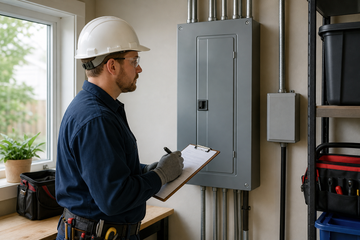 Electrician reviewing a closed electrical panel with a checklist in a Kingston utility room