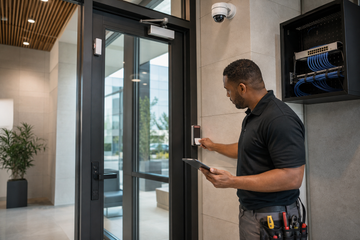 Technician inspecting an integrated access control reader, camera, and door sensor in a commercial lobby