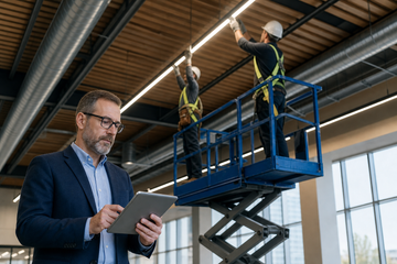 Electricians installing LED fixtures in a commercial facility from a lift