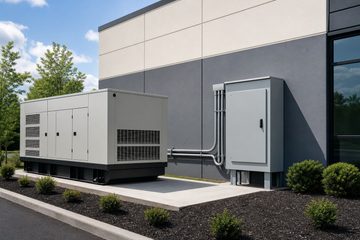 Electrical enclosure beside a standby generator at a commercial building