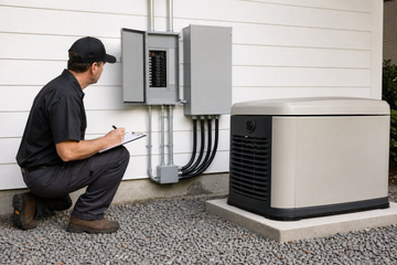 Electrician reviewing a generator, transfer equipment, and electrical panel in a clean utility room