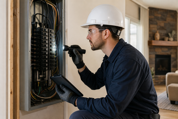 Electrician inspecting an open electrical panel inside a Kingston home