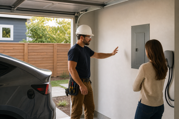 Electrician assessing a garage electrical panel and planned EV charger location beside a parked electric vehicle