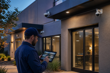 Technician reviewing wired security camera coverage around a small commercial property at dusk