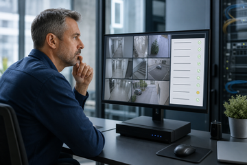 Facility manager reviewing NVR camera status and troubleshooting notes at a security desk
