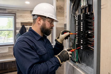 Electrician inspecting labeled breakers inside a residential service panel