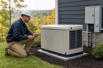 Electrician inspecting a standby generator beside a Tennessee home