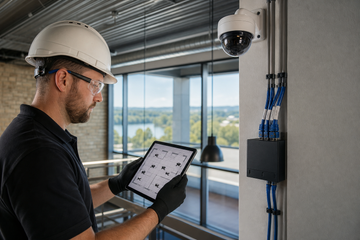 Technician reviewing CCTV camera layout beside mounted camera and labeled cabling in a Kingston commercial building