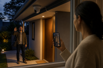 Wired turret security camera monitoring a visitor at a residential front door while a homeowner checks live audio and video on a phone