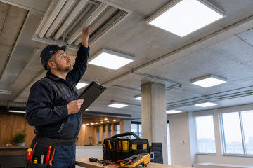 Electrician comparing old fluorescent fixtures with new LED panels in a Kingston commercial building