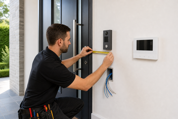 Technician planning an intercom door station and cable route inside a modern entryway