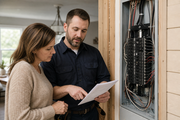 Electrician reviewing a residential electrical panel upgrade with a homeowner in Kingston, Tennessee