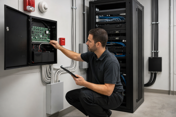 Technician reviewing an alarm control panel beside structured cabling in a clean commercial utility room