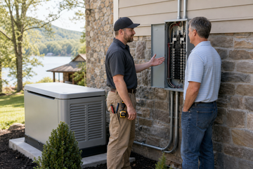Electrician reviewing a home electrical panel beside a standby generator in Kingston, Tennessee