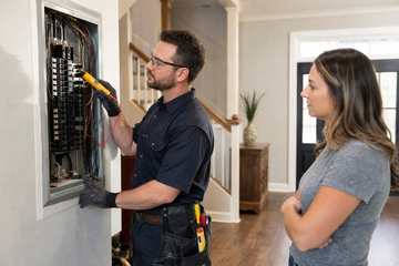 Electrician inspecting a residential breaker panel in a Kingston home