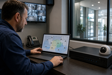 Facility manager reviewing IP camera audio coverage beside an NVR