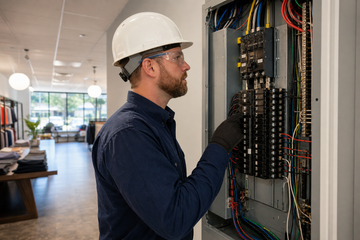 Electrician examining a commercial electrical panel in a Kingston, Tennessee business