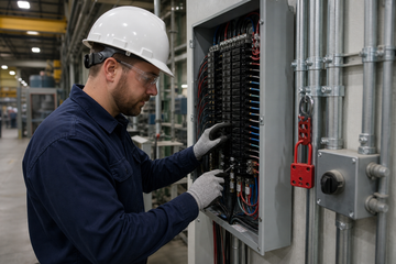 Electrician reviewing a labeled industrial distribution panel in a manufacturing facility
