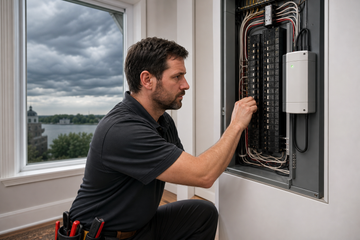 Electrician inspecting a surge protection device in a Kingston home during a stormy day