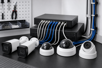 Wired security cameras and network equipment arranged on a clean technical workbench