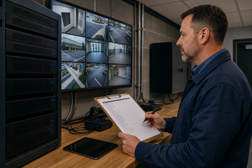 Facility manager reviewing security camera feeds and a maintenance checklist beside an NVR rack