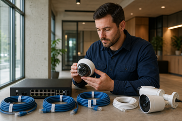 Technician reviewing an ePOE camera, NVR, and labeled cables at a commercial workbench