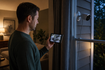 Homeowner checking outdoor security cameras on a phone from a dim living room