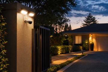 Security light illuminating a residential driveway and walkway beside an outdoor camera at dusk
