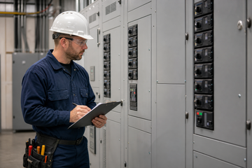 Electrician reviewing labeled distribution panels in a commercial electrical room
