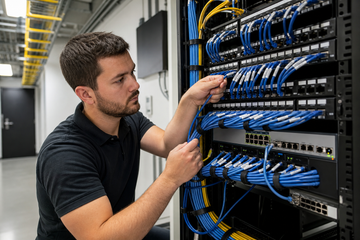 Technician labeling Ethernet cables in a commercial network equipment room